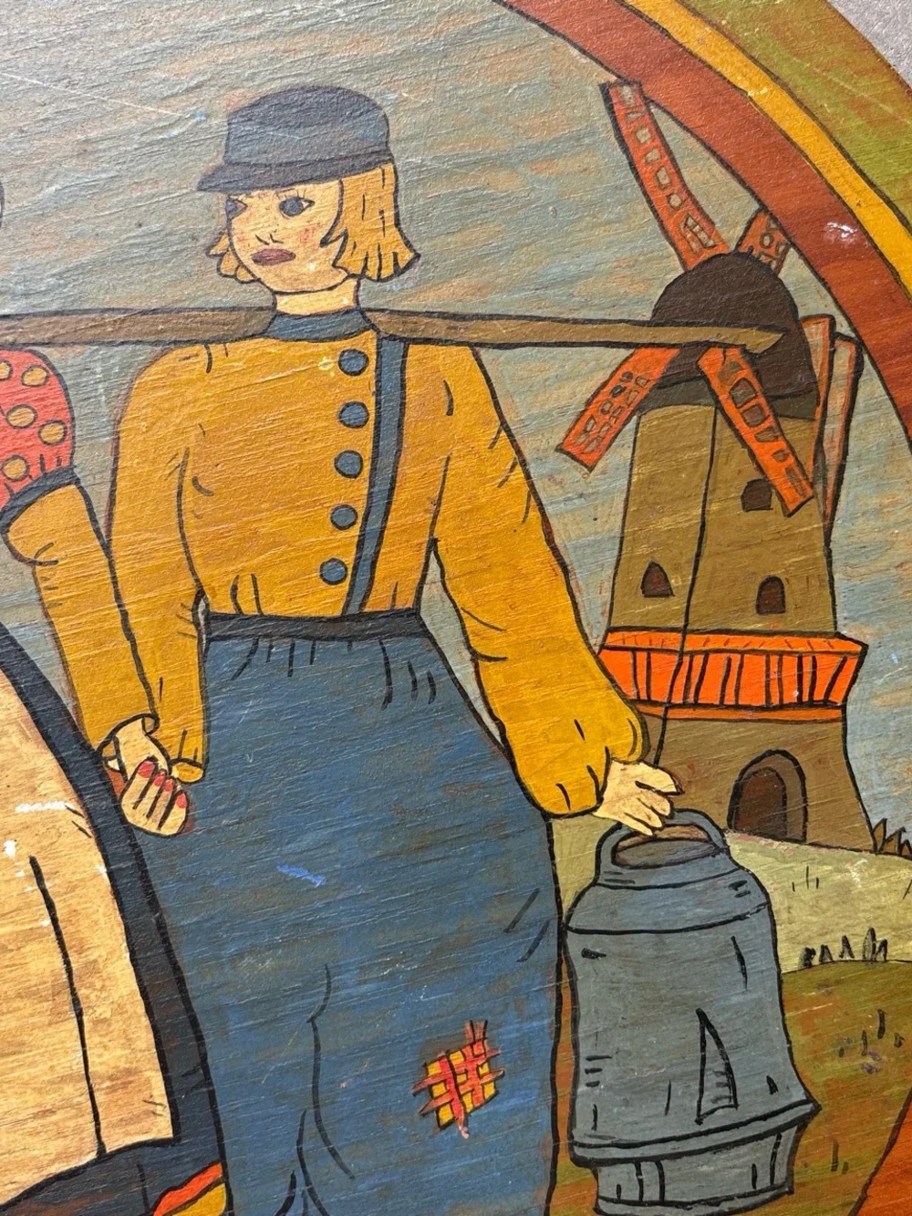 Vintage Hand Painted Dutch Folk Art Wall Plaque Wooden Windmill Cottagecore